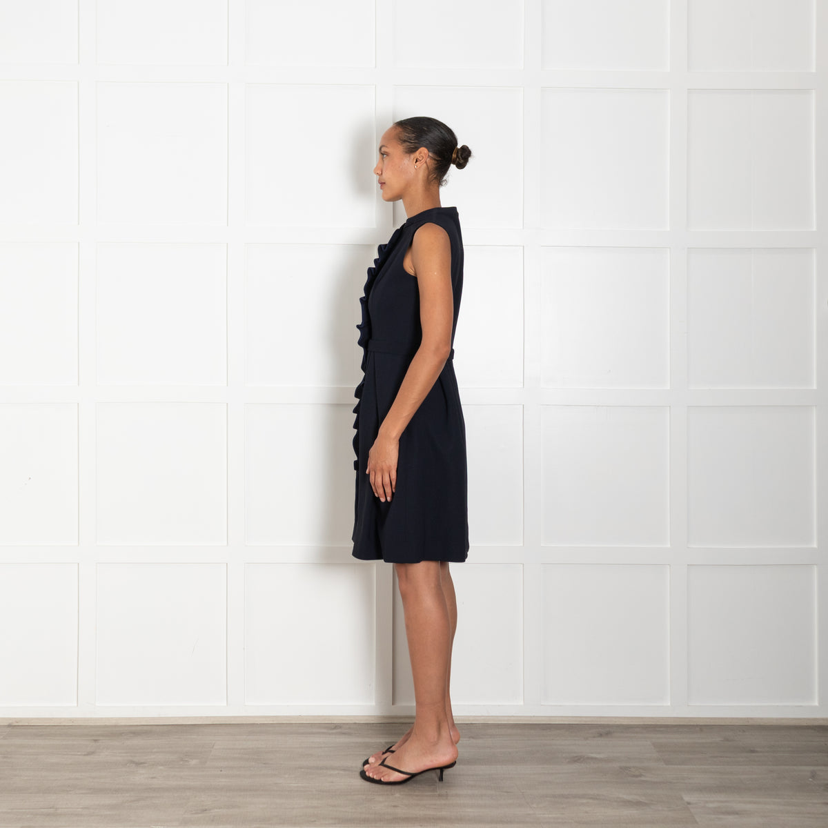 Machka Navy Blue Sleeveless Dress With Frill & Button Front