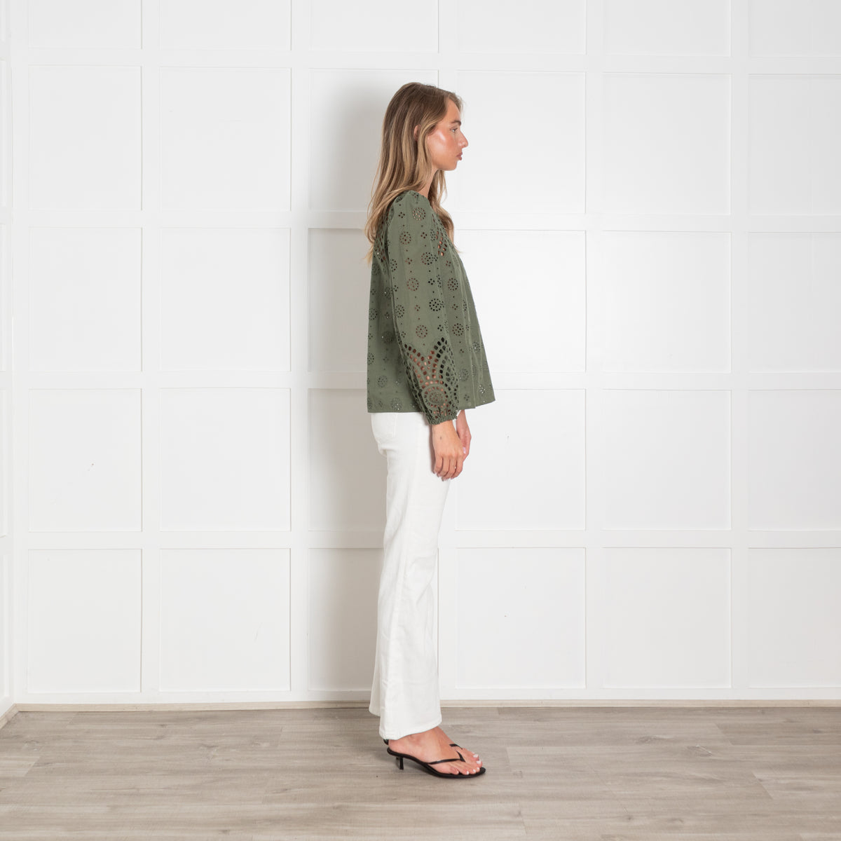 Wyse Khaki Green Cotton Broidery Long Sleeved Top