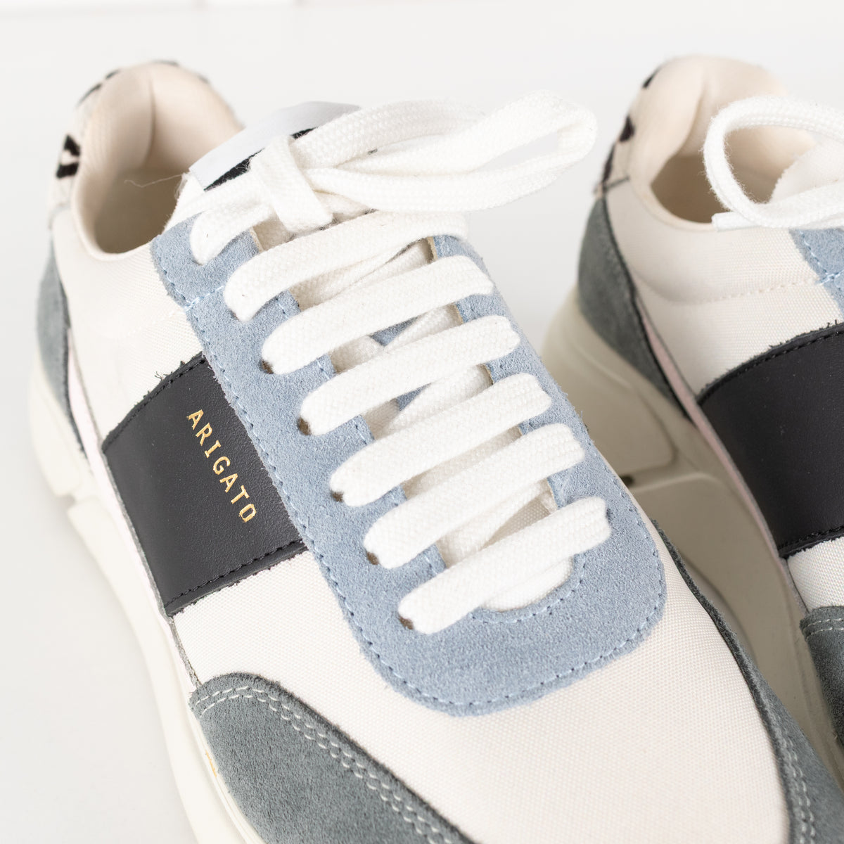 Axel Arigato Cream Genesis Vintage Runner Trainers With Blue Suede And Lepoard Print Heel