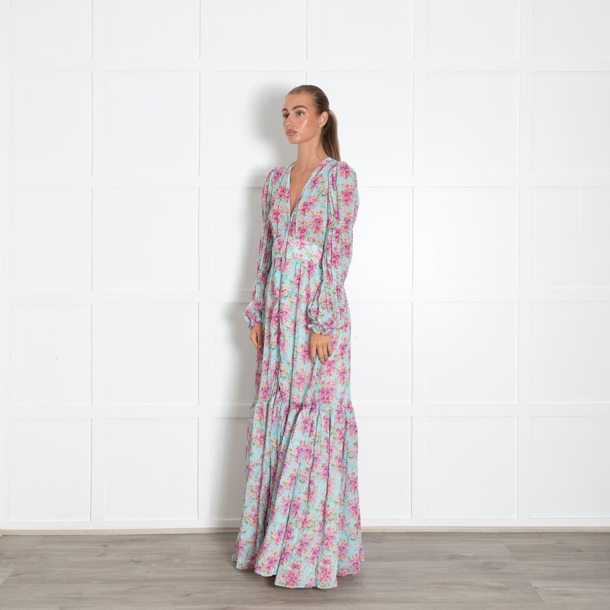 By Timo Turquoise Pink Floral Peplum Maxi Dress