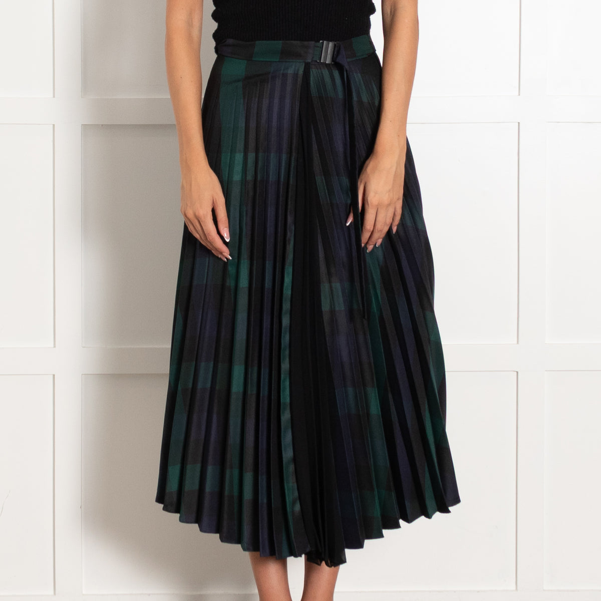 Sandro Navy Green Tartan Pleated Wrap Skirt