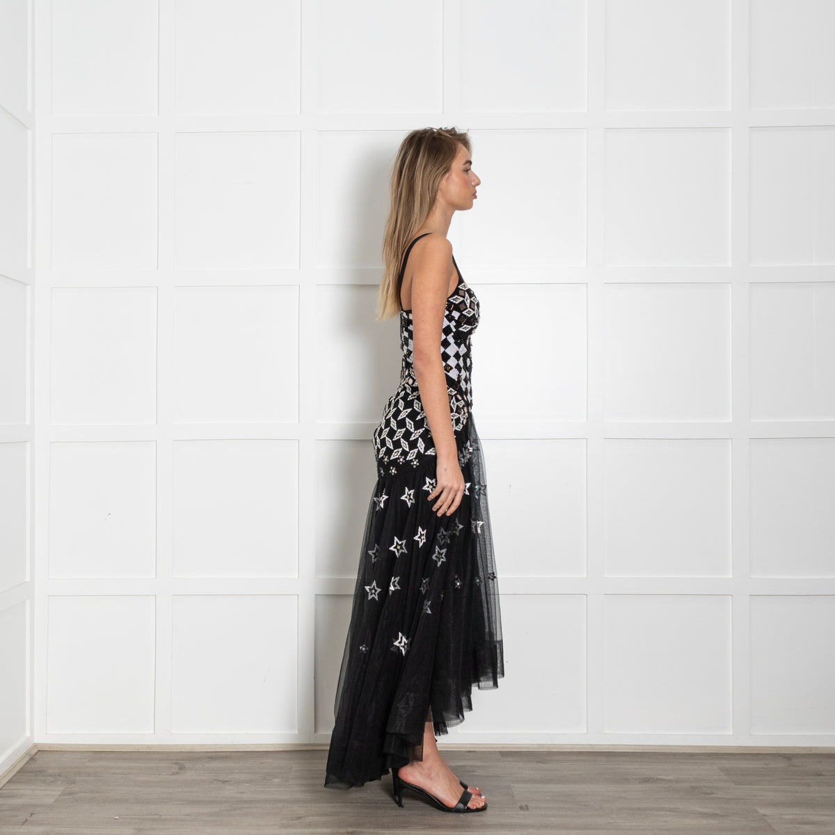 Temperley Black White Sequinned Net Sleeveless Long Dress