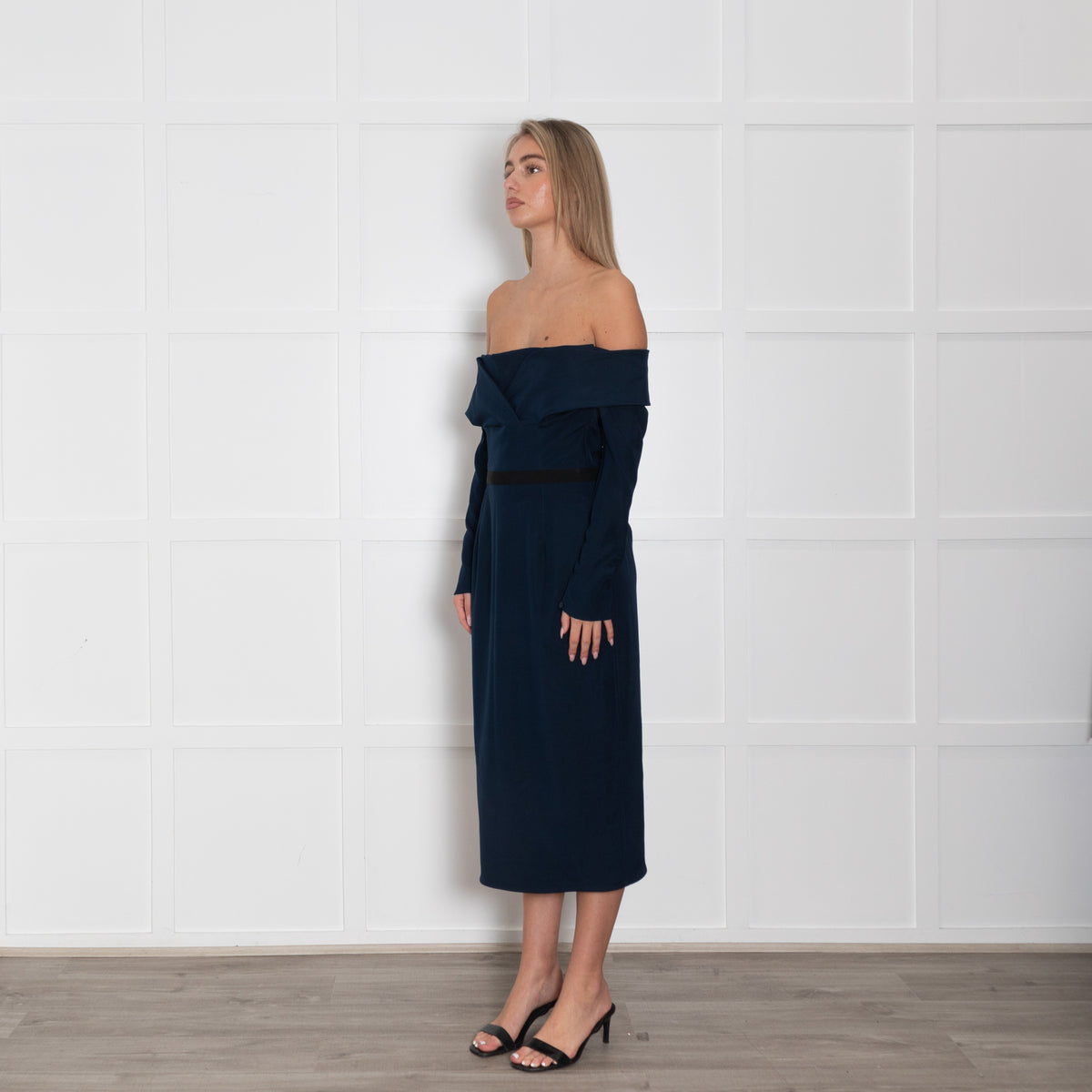 Emilio De La Morena Navy Blue Boned Bodice Sleeved Dress