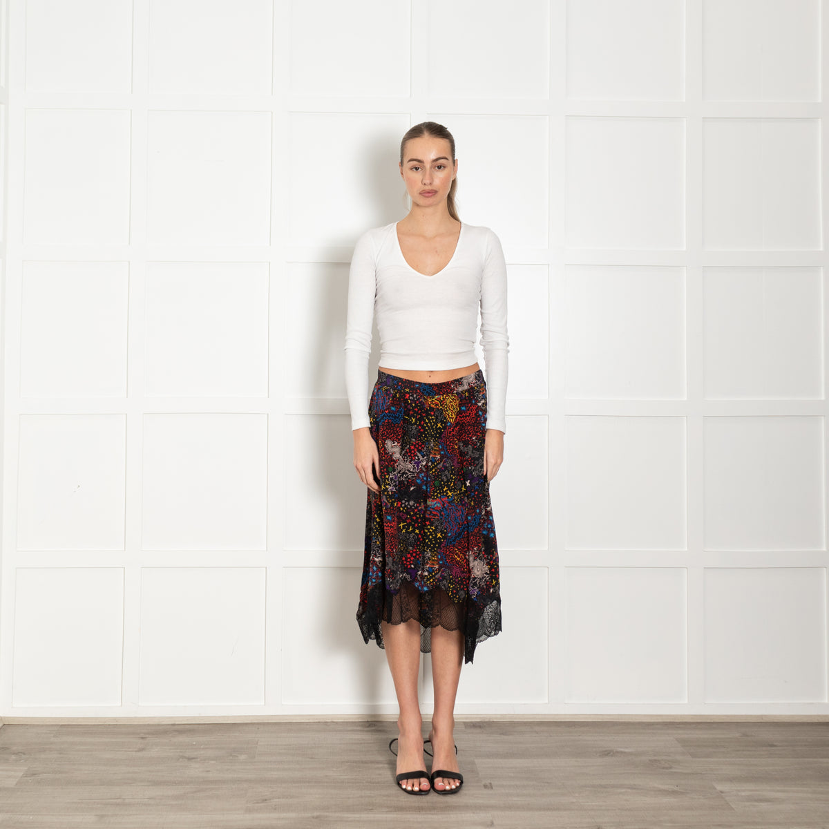 Zadig & Voltaire Black Multi Floral Lace Trim Silk Skirt