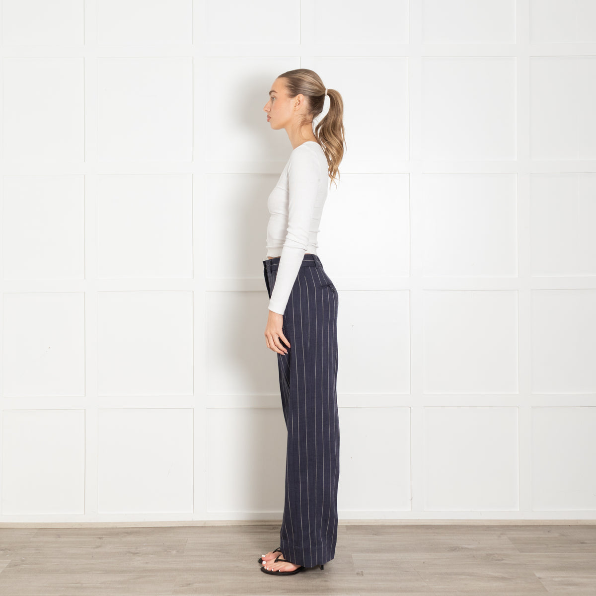 Me + Em Navy White Pinstripe Wide Leg Trousers