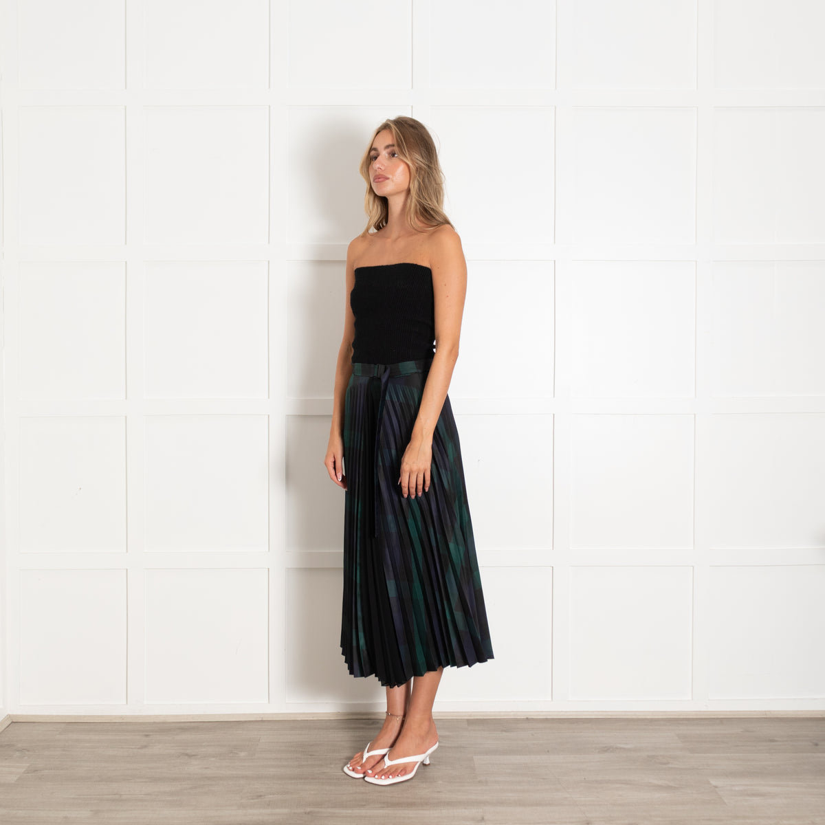 Sandro Navy Green Tartan Pleated Wrap Skirt