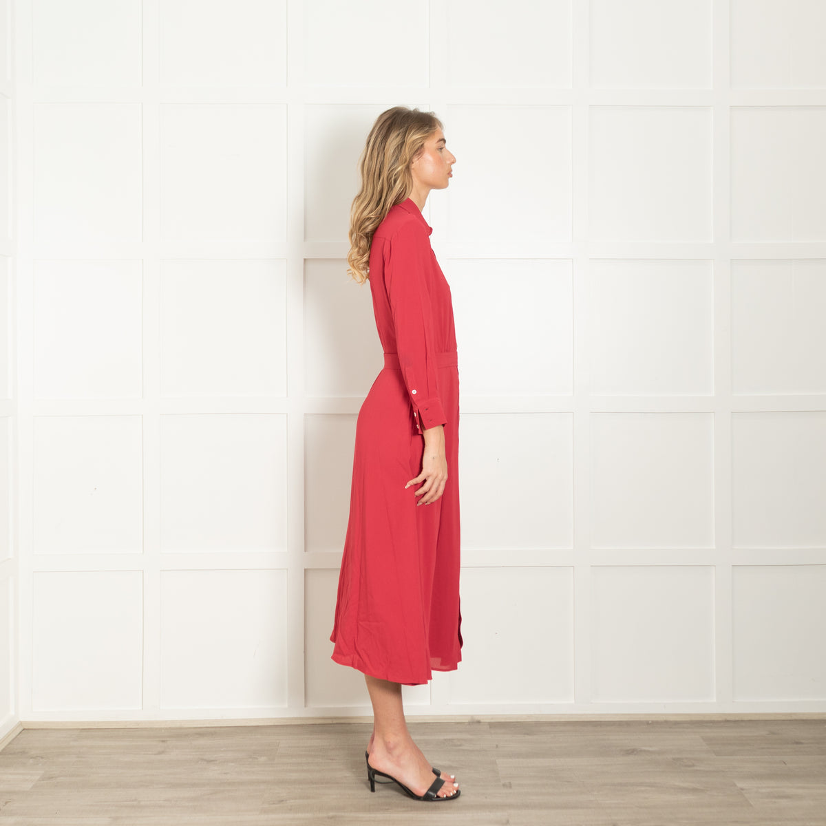 Marella Red Button Front Belted Maxi Shirt Dress