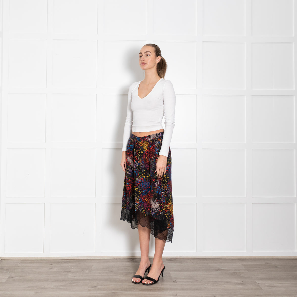 Zadig & Voltaire Black Multi Floral Lace Trim Silk Skirt