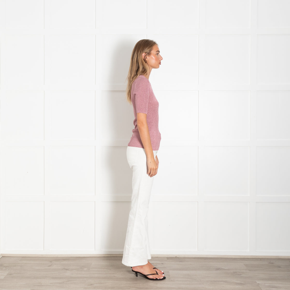 Ba&sh Pink Lurex Short Sleeve Rib Top