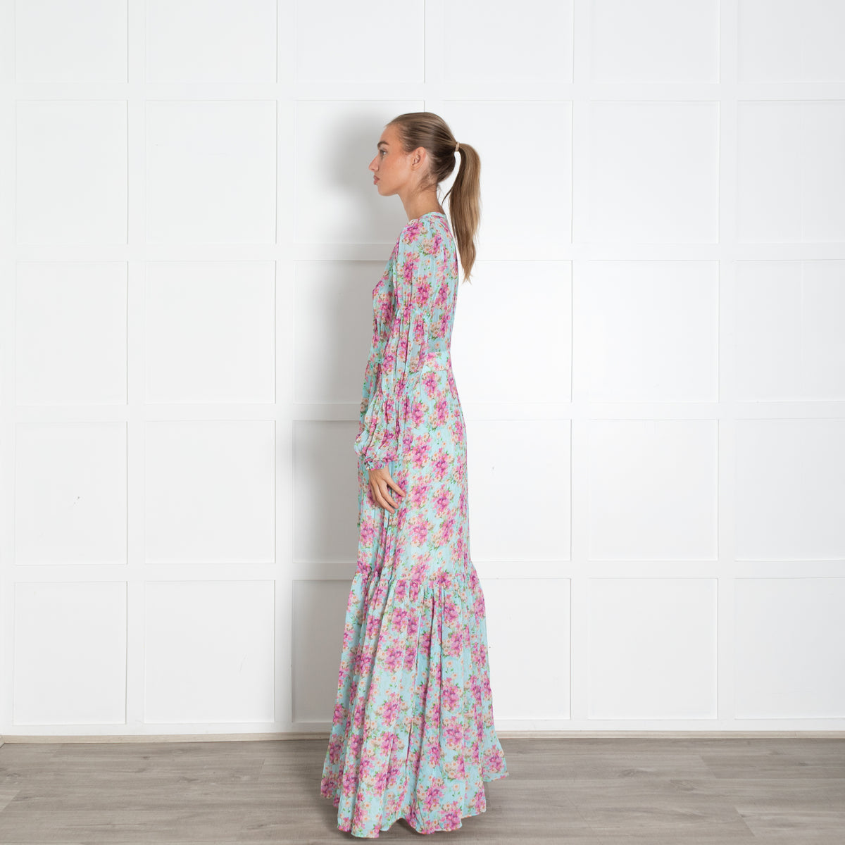 By Timo Turquoise Pink Floral Peplum Maxi Dress