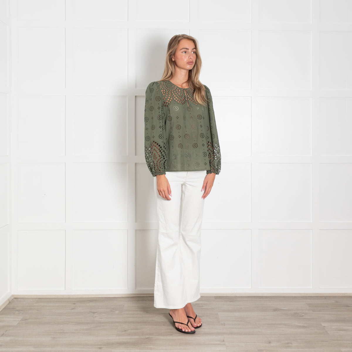 Wyse Khaki Green Cotton Broidery Long Sleeved Top