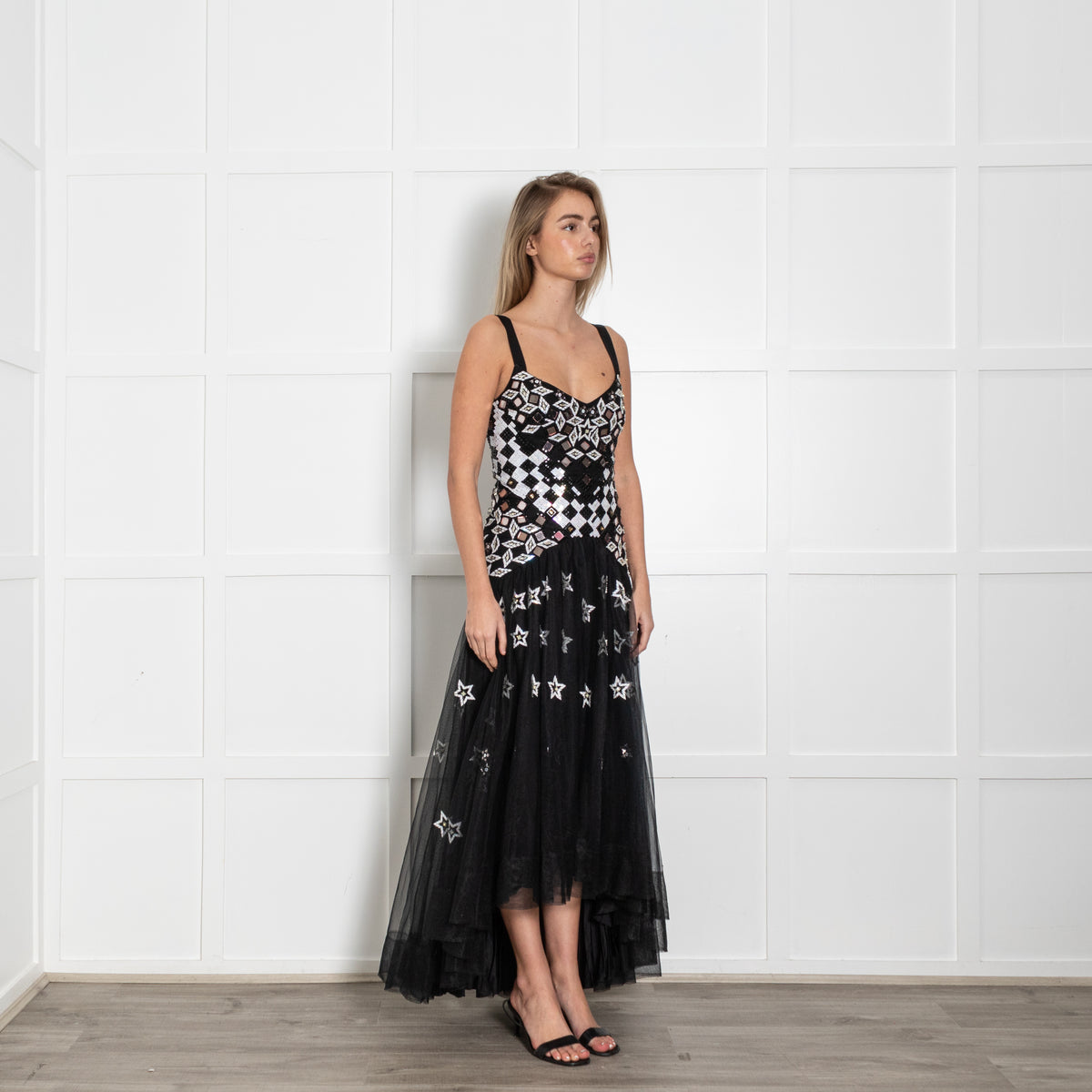 Temperley Black White Sequinned Net Sleeveless Long Dress