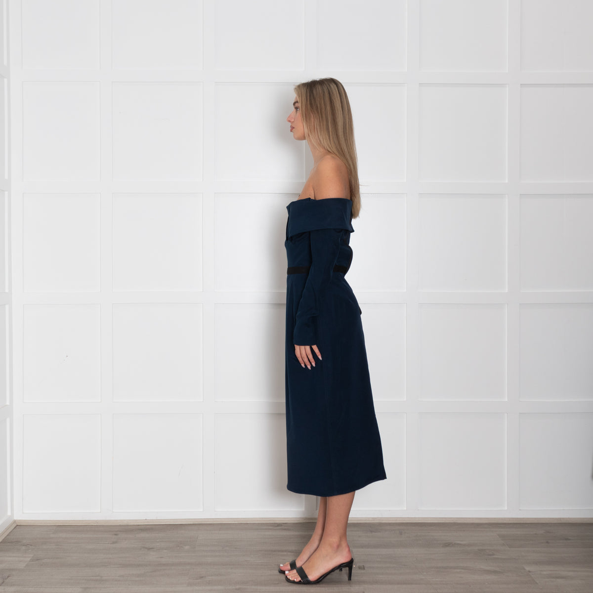 Emilio De La Morena Navy Blue Boned Bodice Sleeved Dress
