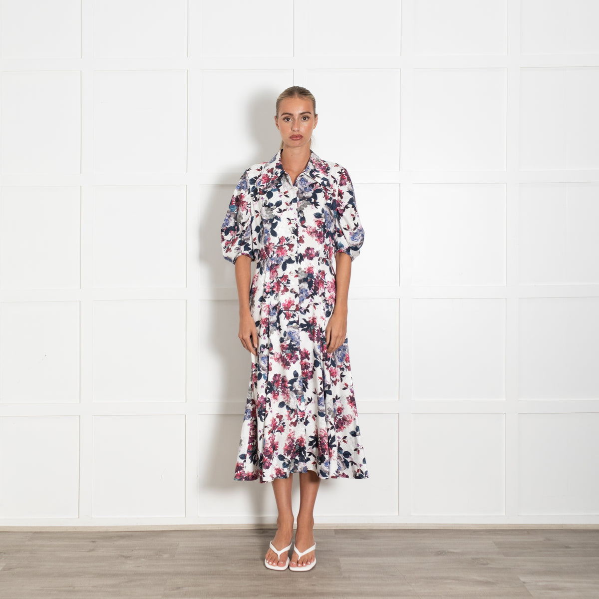 Erdem White Floral Print Button Down Shirt Dress