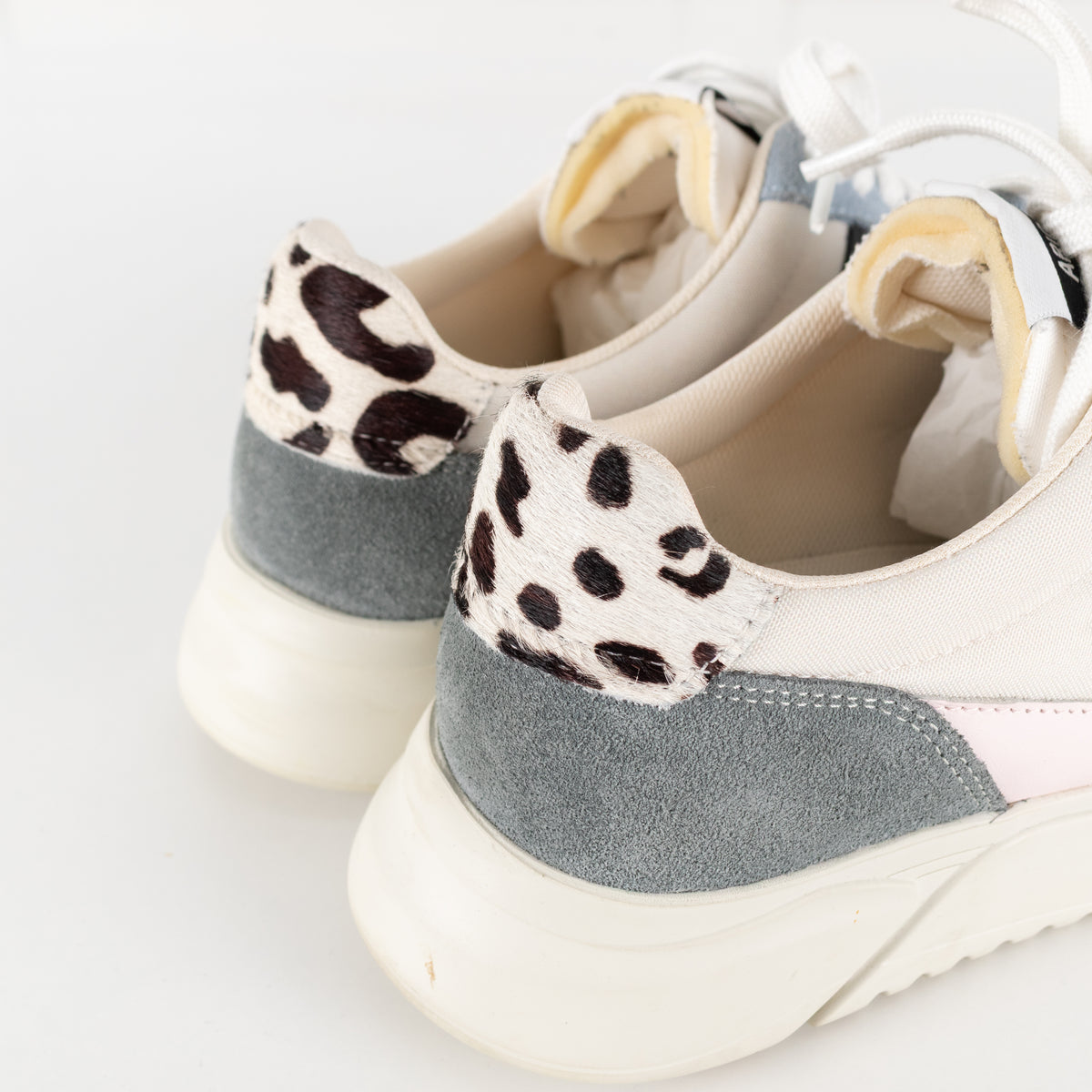 Axel Arigato Cream Genesis Vintage Runner Trainers With Blue Suede And Lepoard Print Heel