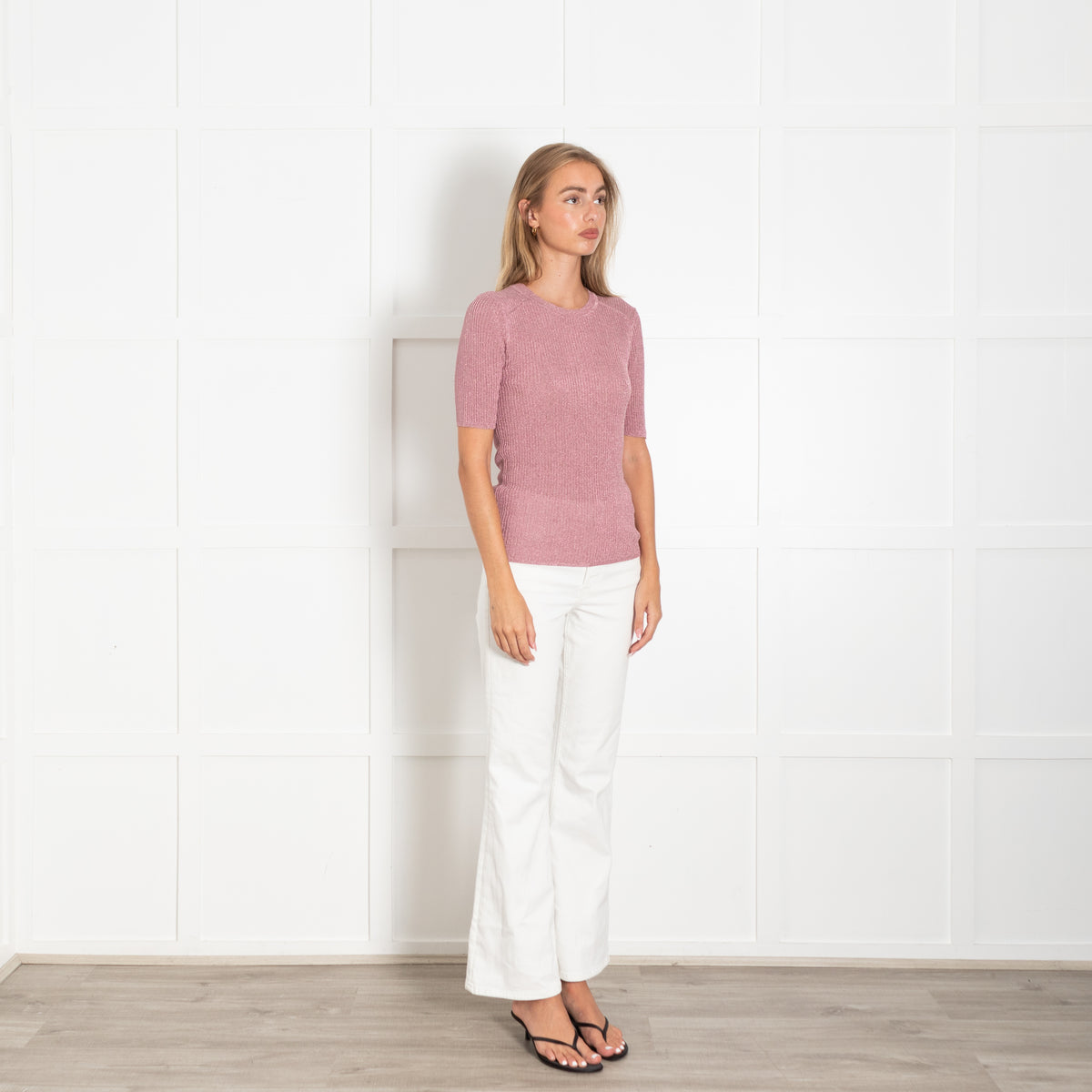 Ba&sh Pink Lurex Short Sleeve Rib Top