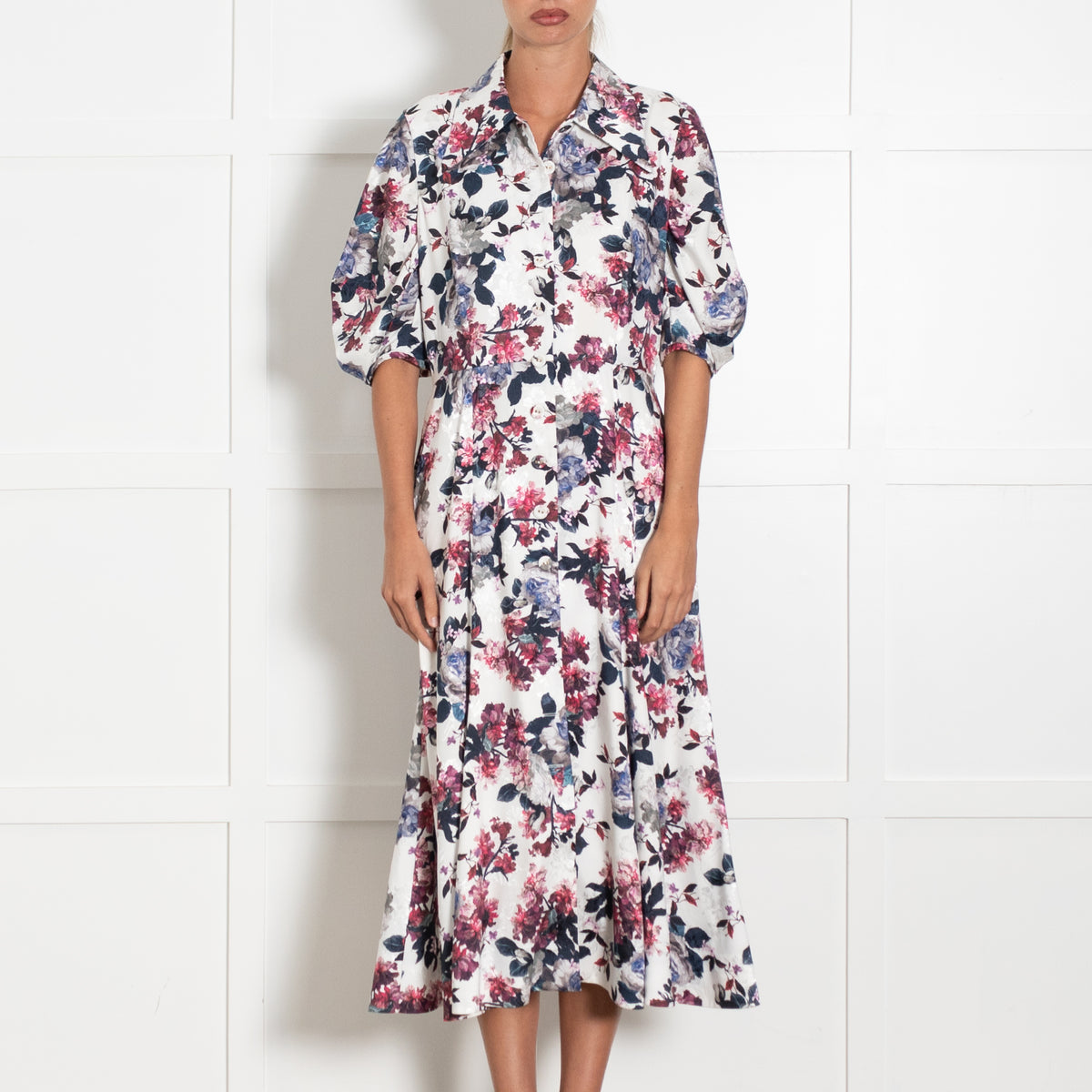 Erdem White Floral Print Button Down Shirt Dress