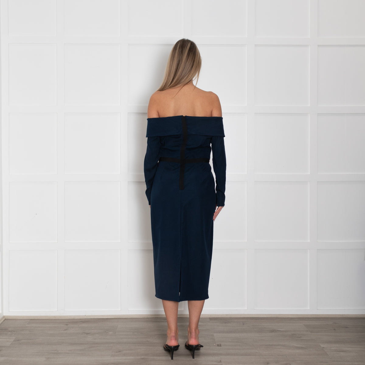 Emilio De La Morena Navy Blue Boned Bodice Sleeved Dress
