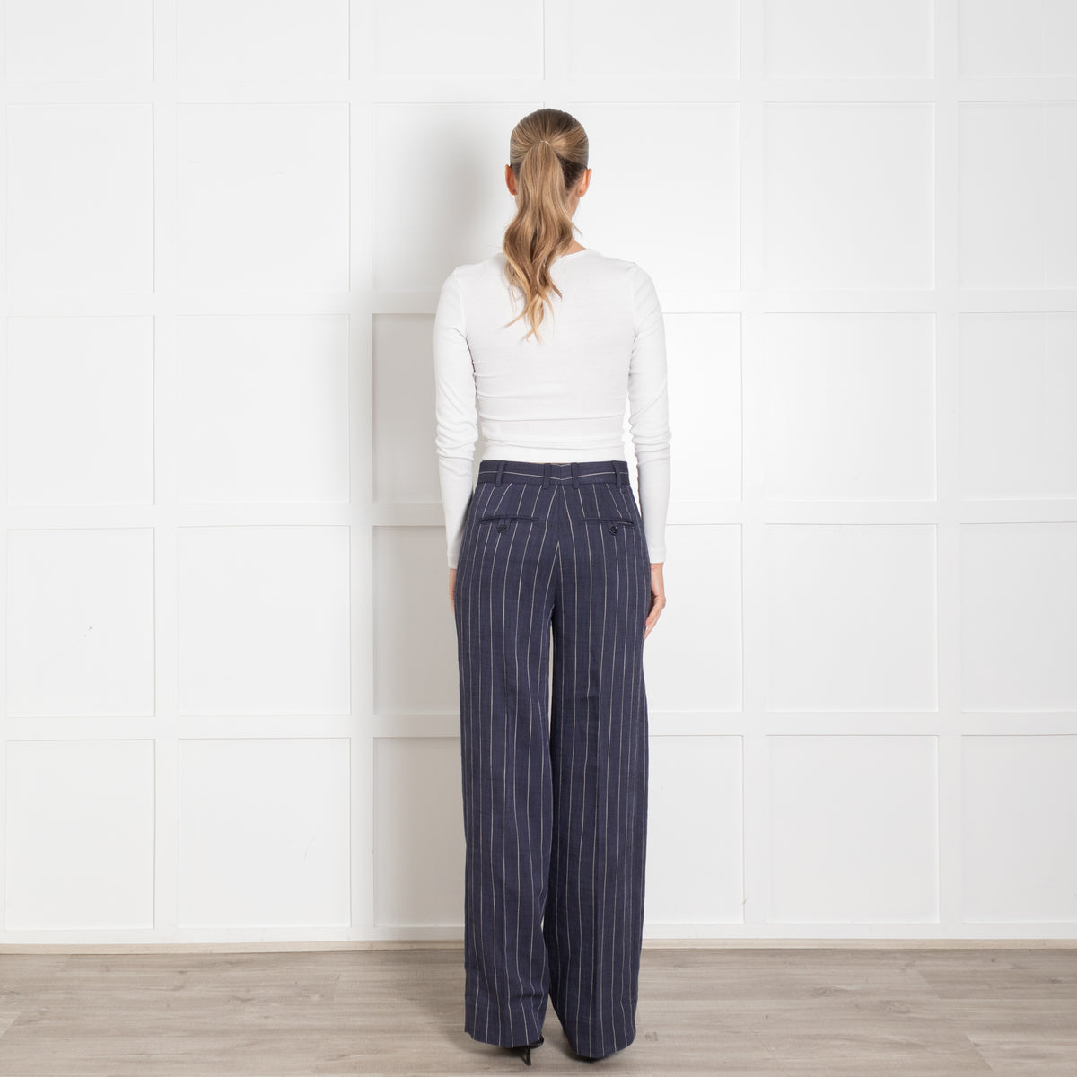 Me + Em Navy White Pinstripe Wide Leg Trousers