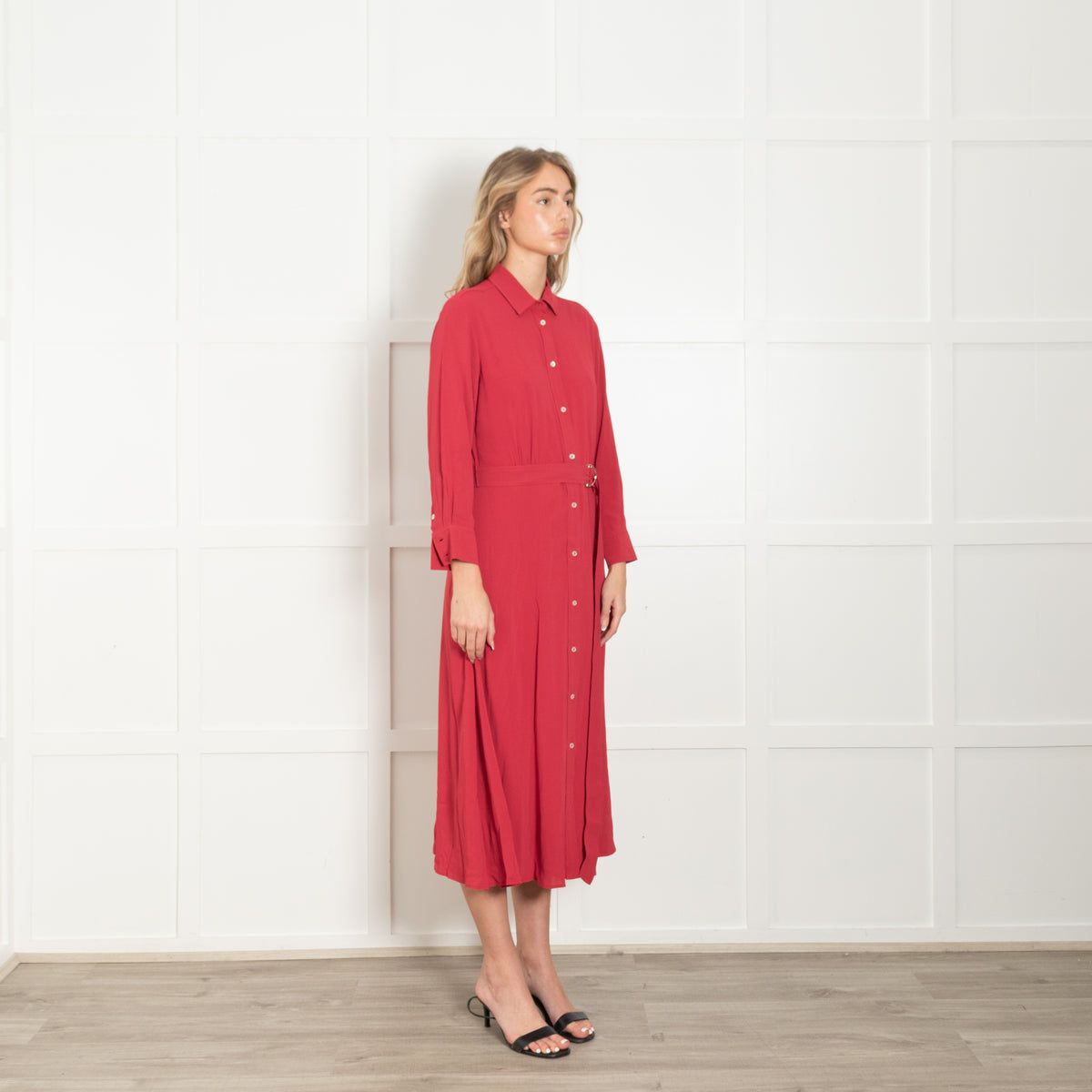 Marella Red Button Front Belted Maxi Shirt Dress