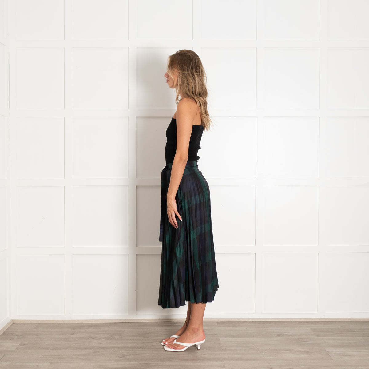 Sandro Navy Green Tartan Pleated Wrap Skirt