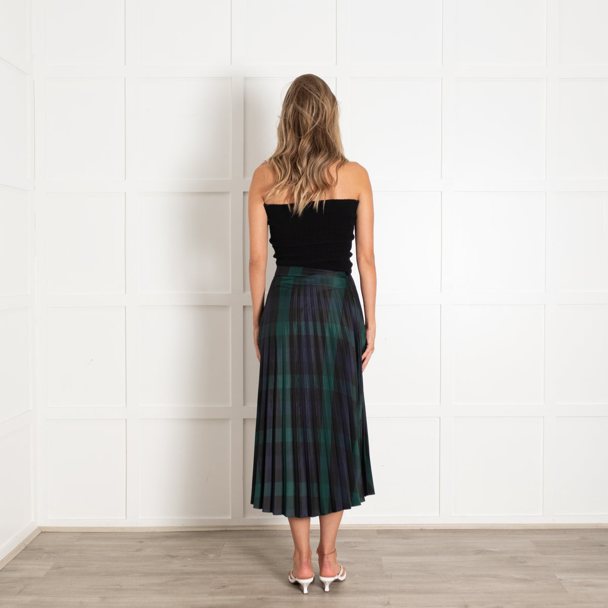 Sandro Navy Green Tartan Pleated Wrap Skirt