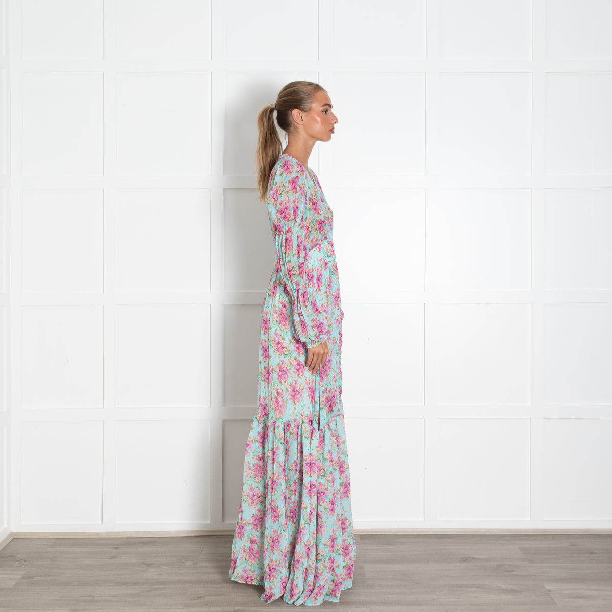By Timo Turquoise Pink Floral Peplum Maxi Dress