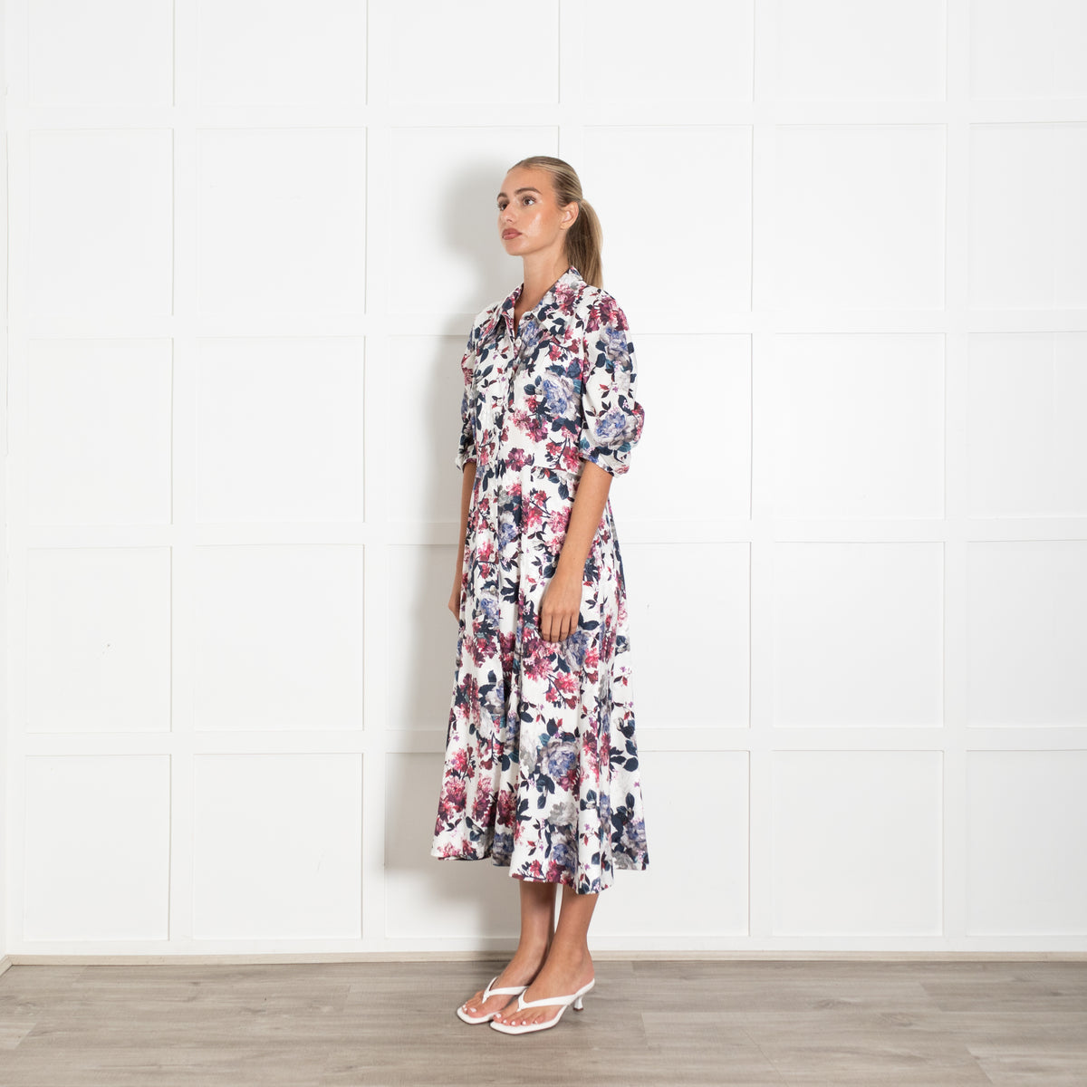Erdem White Floral Print Button Down Shirt Dress