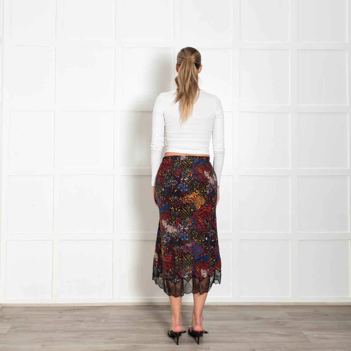 Zadig & Voltaire Black Multi Floral Lace Trim Silk Skirt