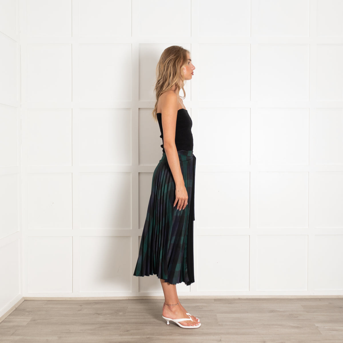 Sandro Navy Green Tartan Pleated Wrap Skirt
