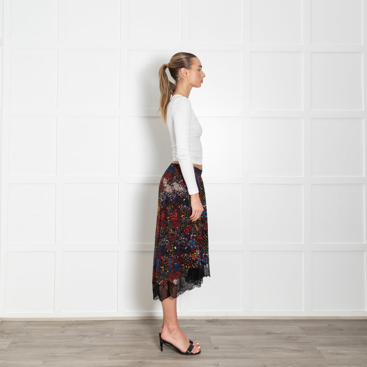 Zadig & Voltaire Black Multi Floral Lace Trim Silk Skirt