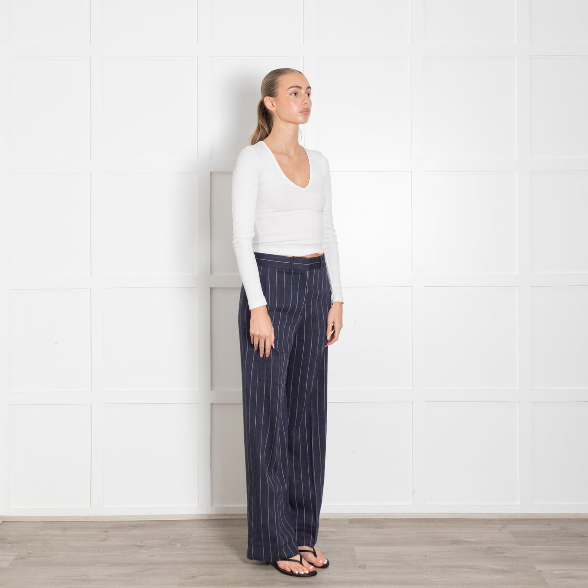 Me + Em Navy White Pinstripe Wide Leg Trousers