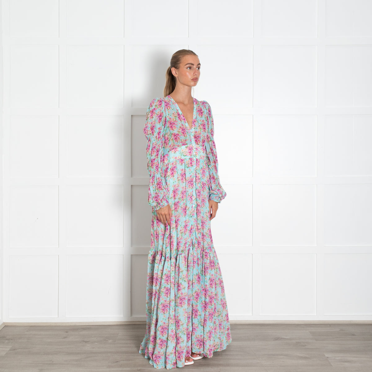 By Timo Turquoise Pink Floral Peplum Maxi Dress