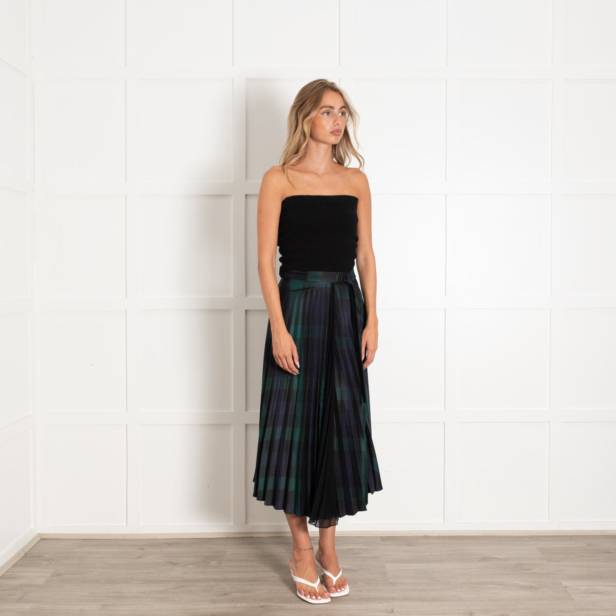 Sandro Navy Green Tartan Pleated Wrap Skirt