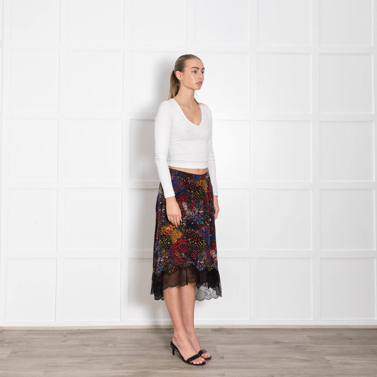 Zadig & Voltaire Black Multi Floral Lace Trim Silk Skirt