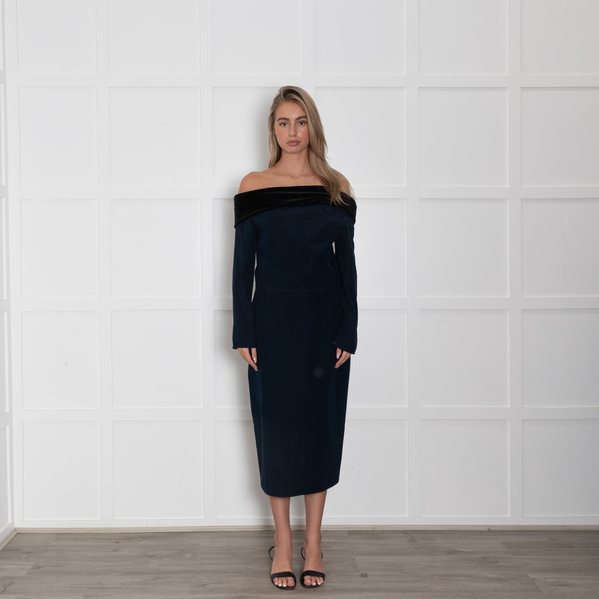 Emilio De La Morena Navy Blue Black Velvet Trim Sleeved Dress
