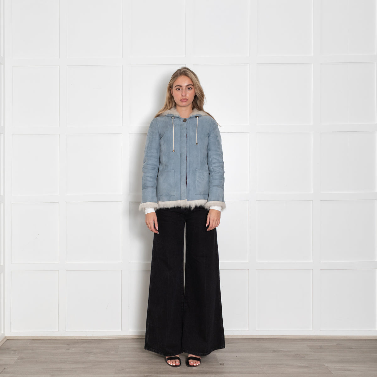 Asprey Pale Blue White Shearling Hooded Jacket