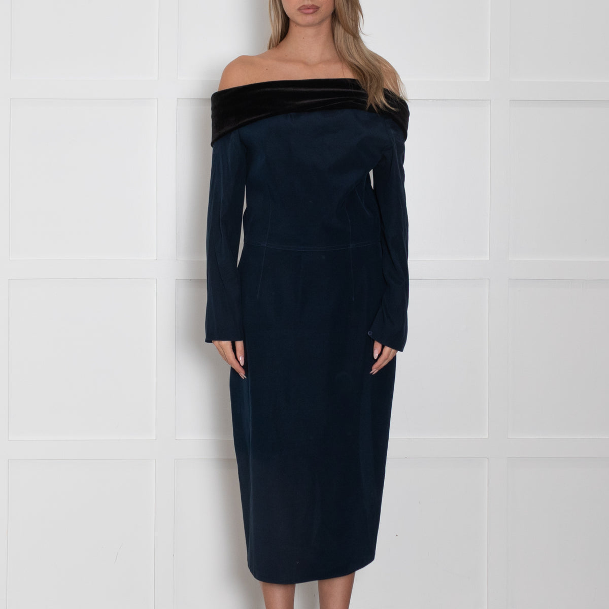 Emilio De La Morena Navy Blue Black Velvet Trim Sleeved Dress