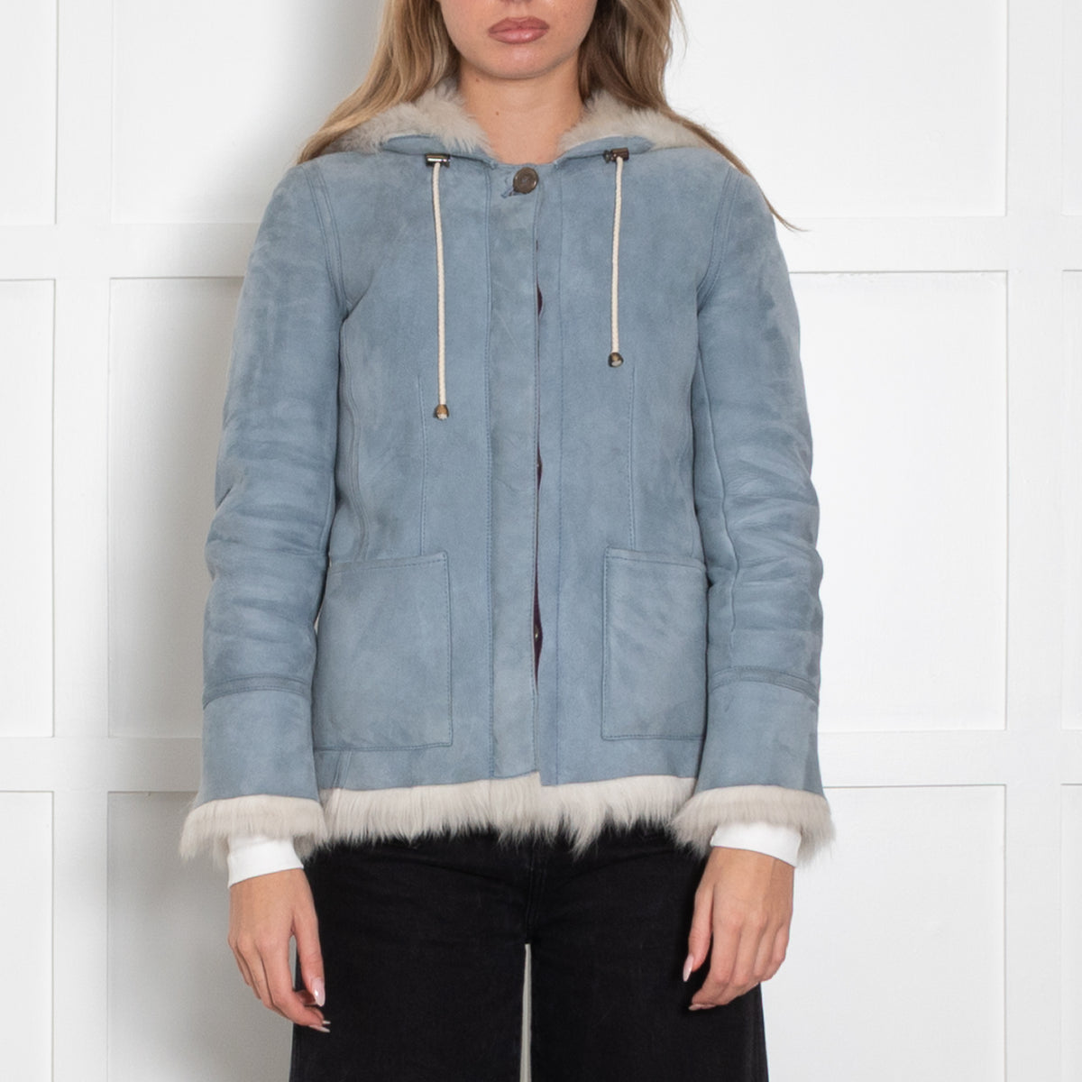 Asprey Pale Blue White Shearling Hooded Jacket