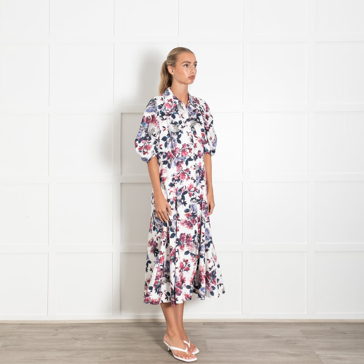Erdem White Floral Print Button Down Shirt Dress