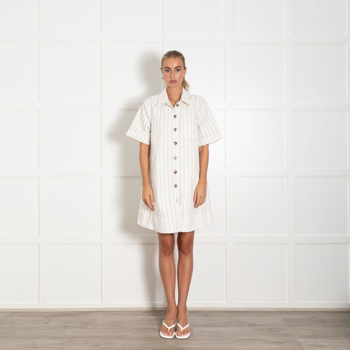 Me+Em Cream Striped Denim Short Shirt Dress