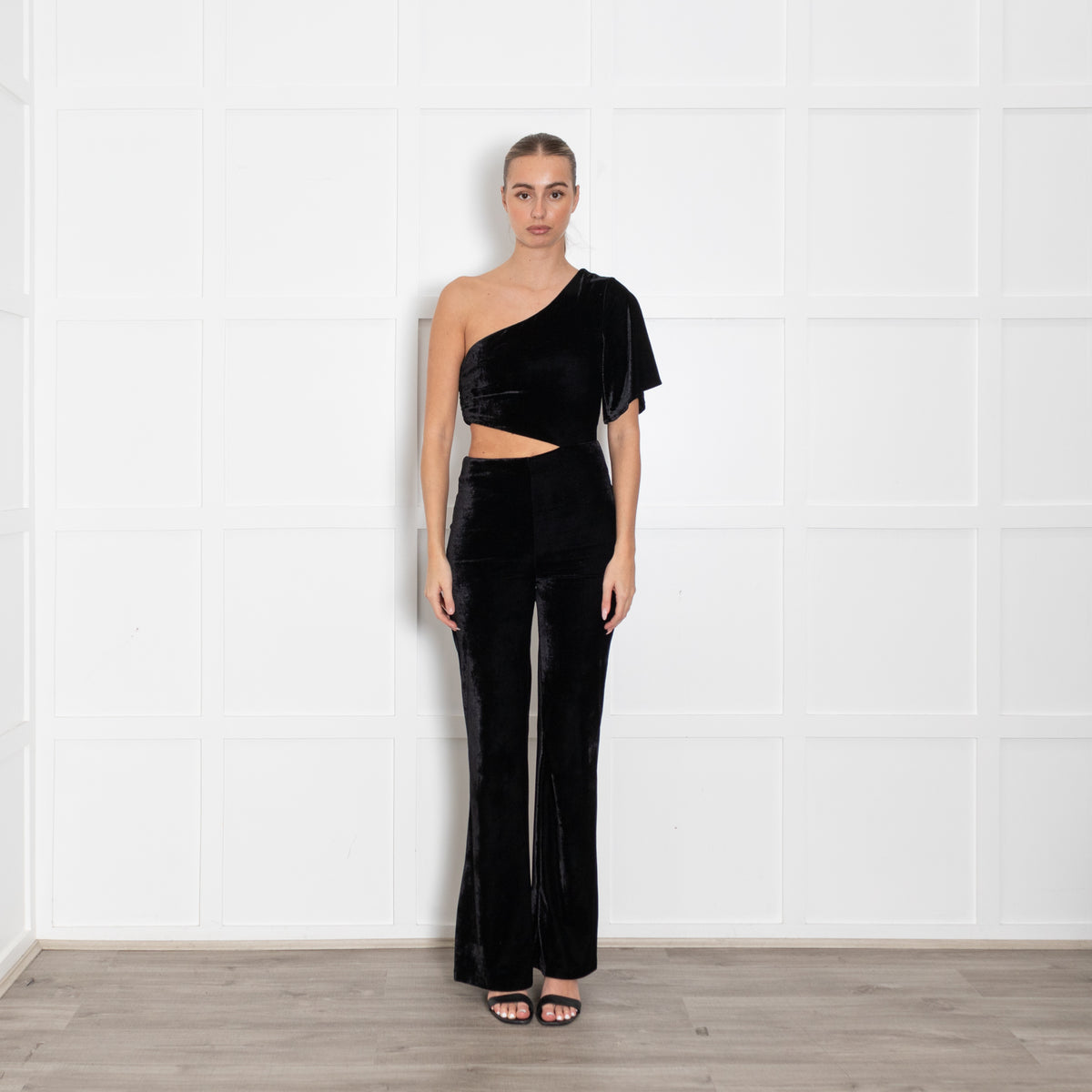 Lovers + Friends Black Velvet Cutout Off the Shoulder Jumpsuit