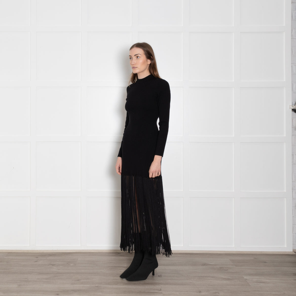 Sandro Black Knit Dress With Long Fringe Hem