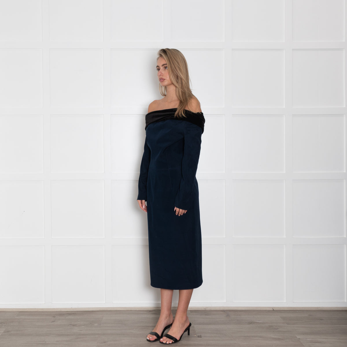 Emilio De La Morena Navy Blue Black Velvet Trim Sleeved Dress