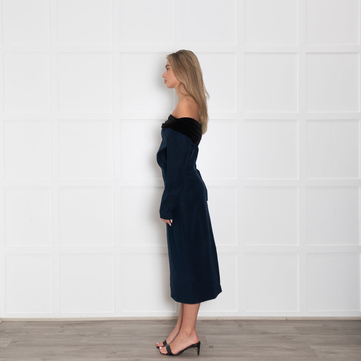 Emilio De La Morena Navy Blue Black Velvet Trim Sleeved Dress