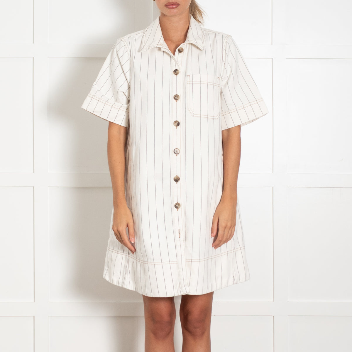Me+Em Cream Striped Denim Short Shirt Dress
