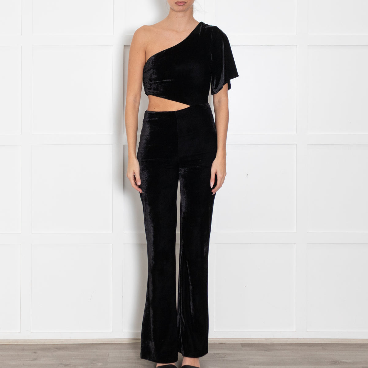 Lovers + Friends Black Velvet Cutout Off the Shoulder Jumpsuit