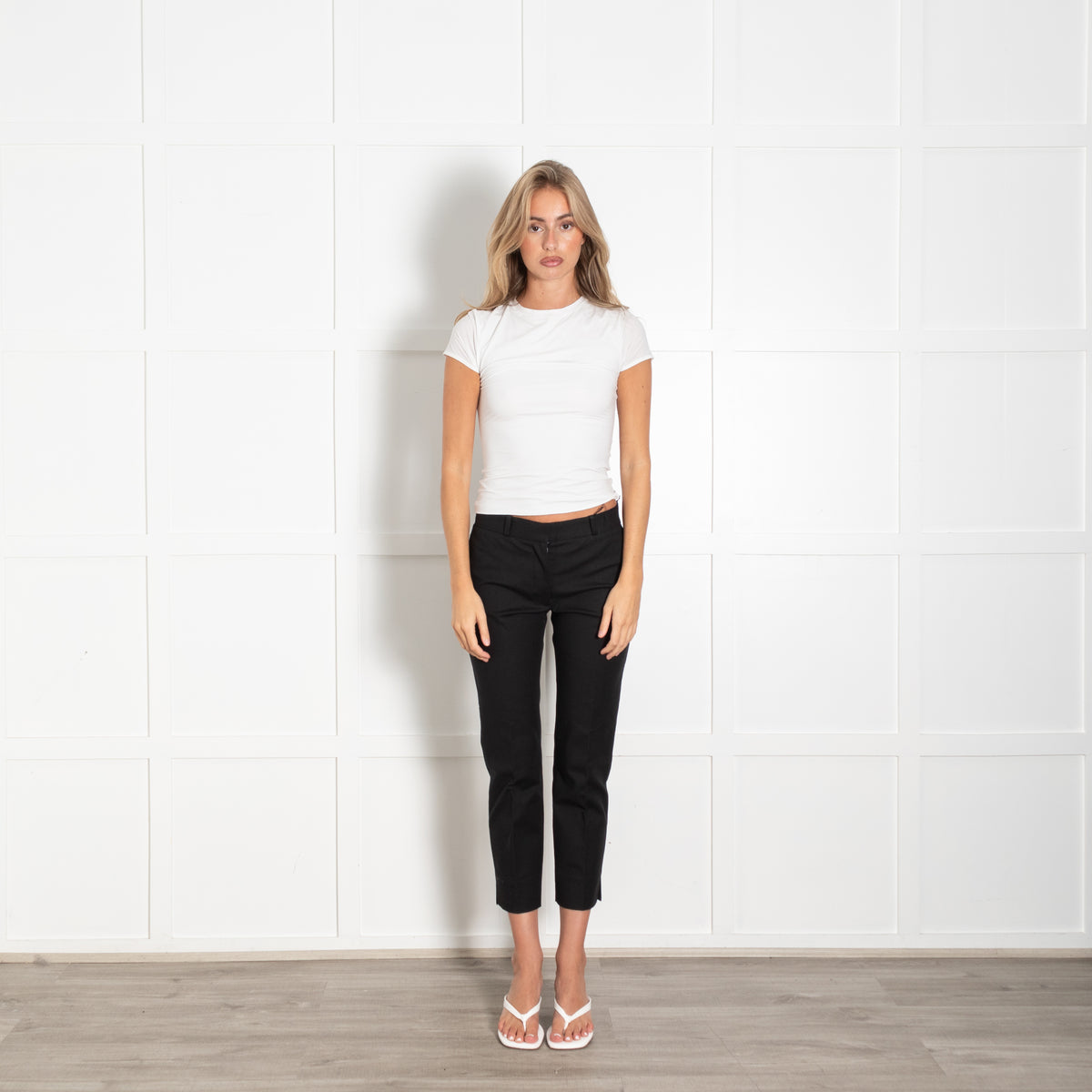 Joseph Black Cotton Elastane Side Split Detail Straight Leg Cropped Trousers