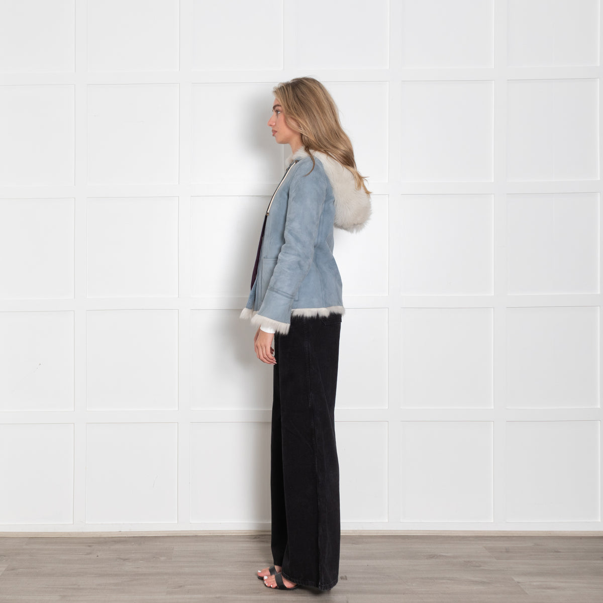 Asprey Pale Blue White Shearling Hooded Jacket