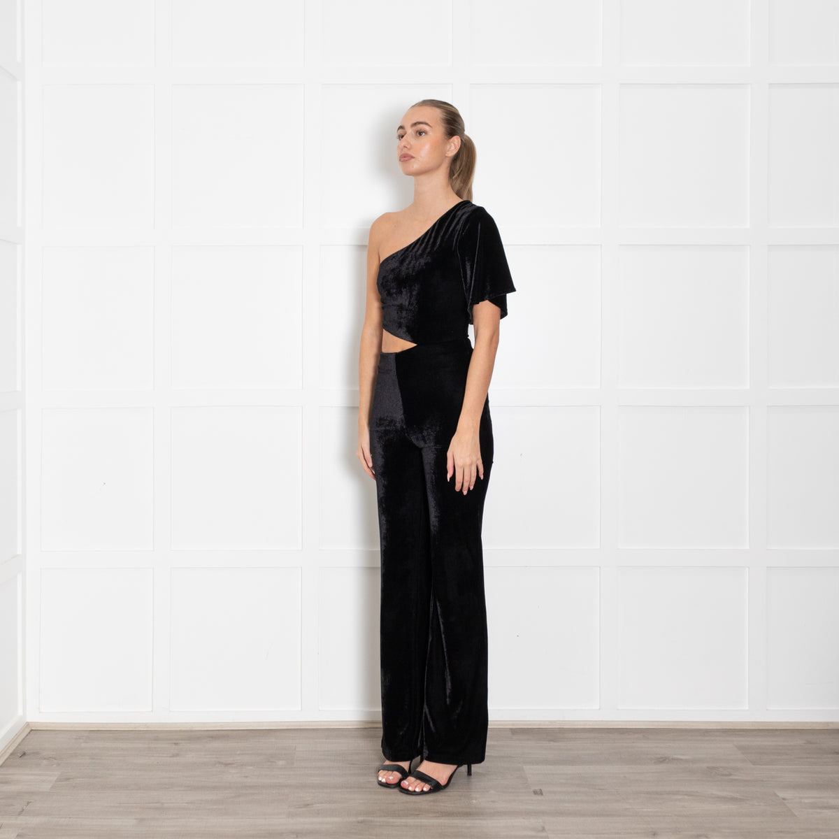 Lovers + Friends Black Velvet Cutout Off the Shoulder Jumpsuit
